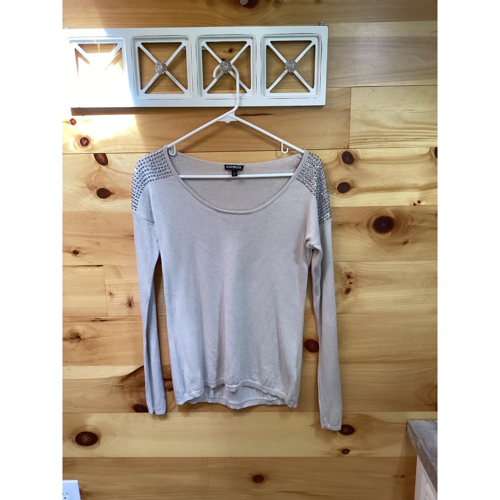Express Womens Beige Studded Shoulder Scoop Neck Cotton Rayon Sweater Small